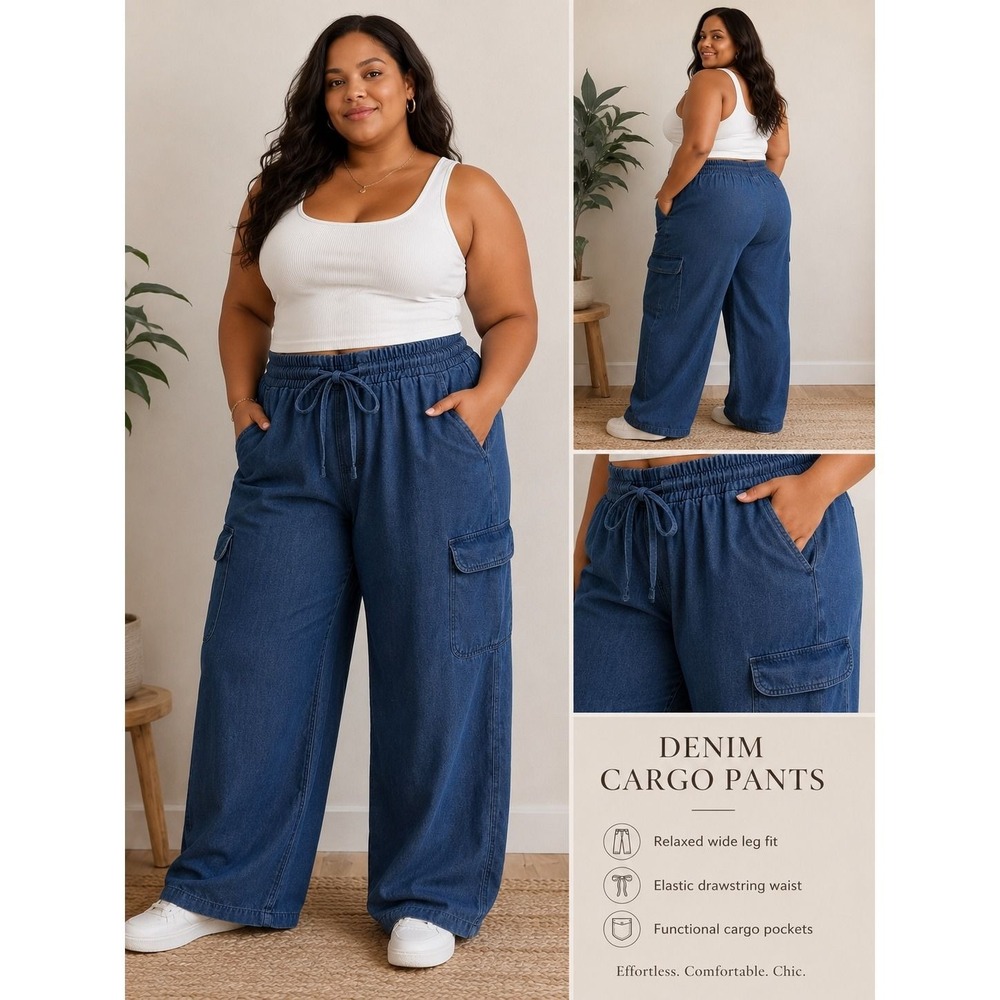 Woman Within Blue Denim Cargo Pants Wide Leg Elastic Drawstring Waist 26W